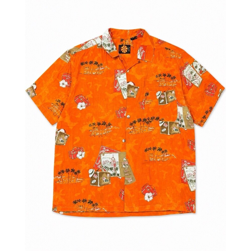 Bull’s Eye Orange Rayon Hawaiian Travel Print Camp Collar Aloha Shirt M